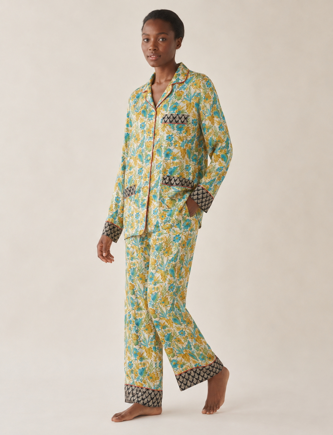 Chic long-sleeve pajama set made from recycled materials, representing eco friendly products, repurposed clothing, and zero waste clothing in green fashion.