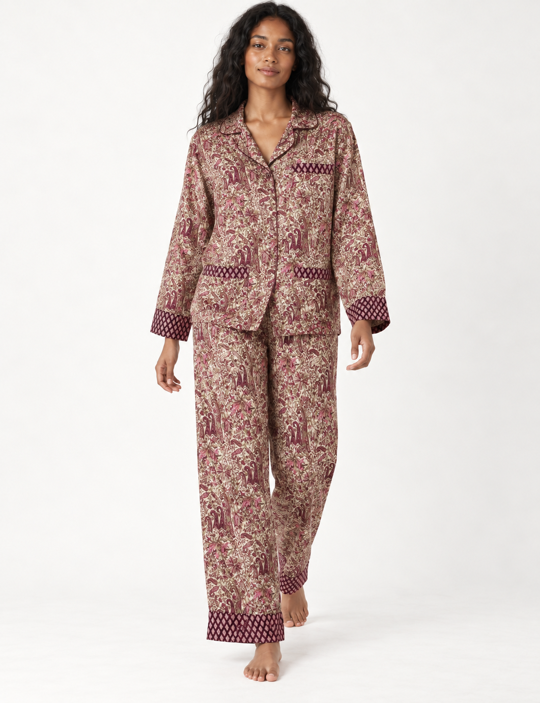 Choose sustainable sleepwear with our PJ SET – perfect for conscious living. From chilling to entertaining, these day-to-night pajamas feature an ethically crafted long-sleeve button-down and elastic-waist pants. Elevate your sleepwear with eco-friendly elegance.