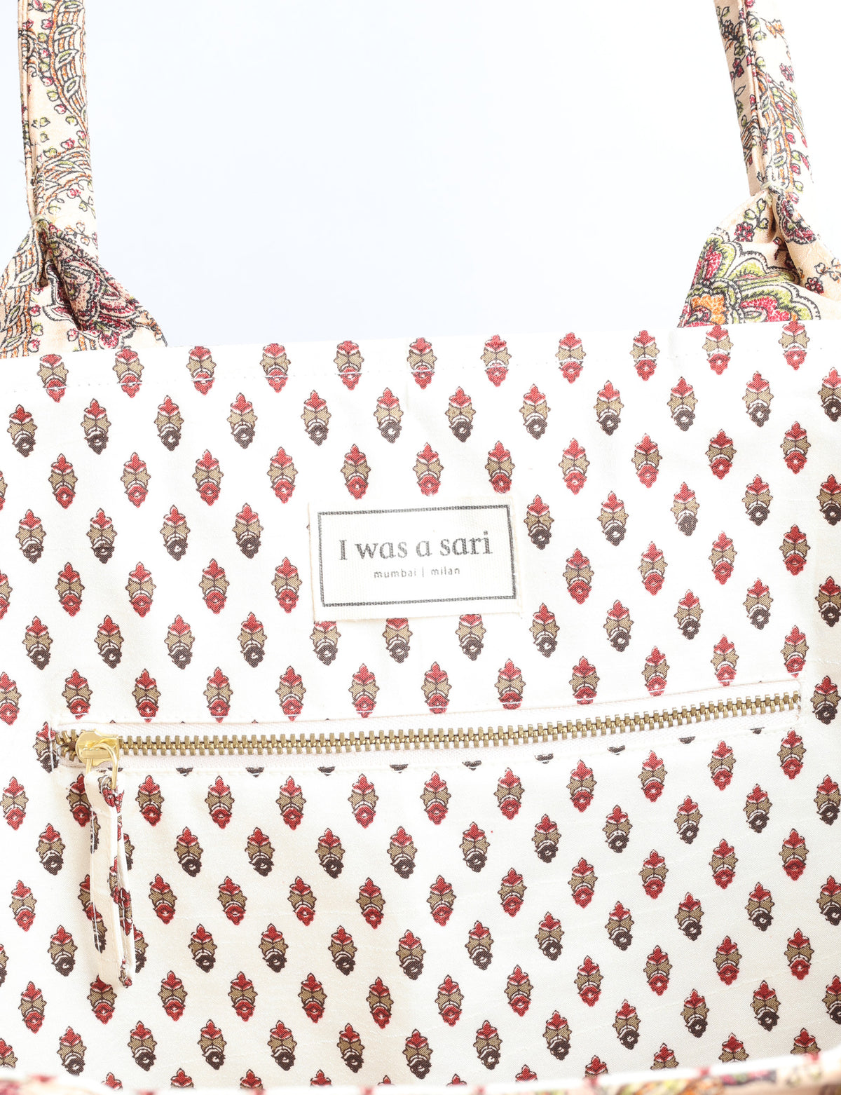 Grey floral patterned work tote bag with padded handles, front view, standing upright on white background