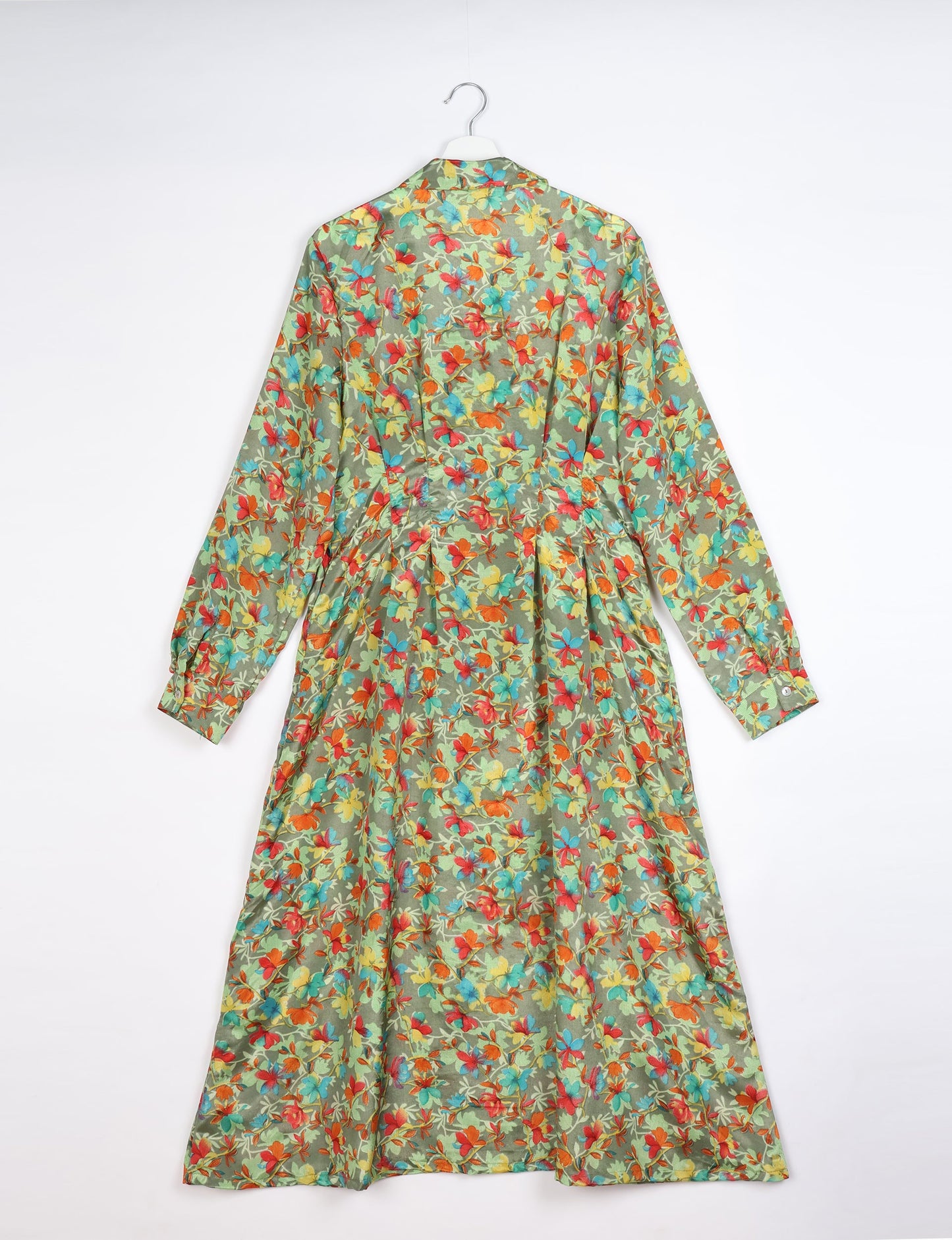 Midi shirt dress with cinched waist, crafted from recycled fabric. A sustainable women's clothing piece representing ethical fashion, eco-friendly products, and upcycled women's clothing.