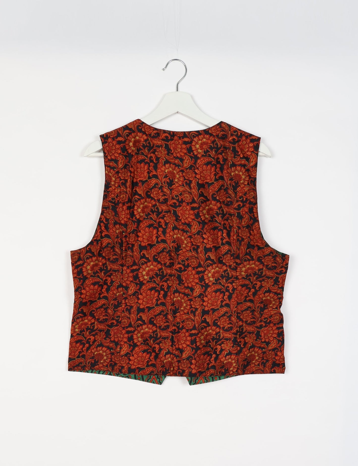 Day Waistcoat made from repurposed saris with macramé-covered buttons, showcasing eco clothing and recycled sari fashion for an eco-friendly, upcycled women's garment.