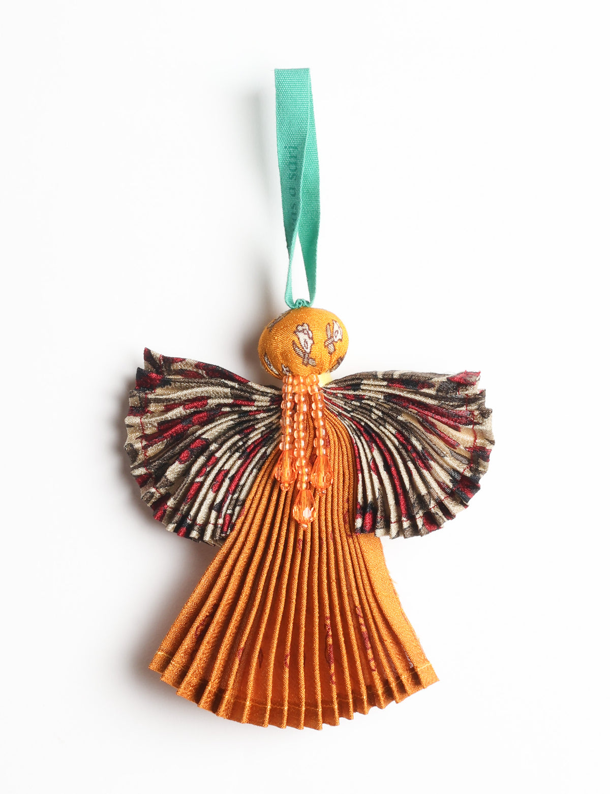 Angel Christmas Ornament made from upcycled saris, featuring pleated arms and body. A sustainable, eco-friendly holiday decoration, embodying recycled fashion and upcycling in festive style.