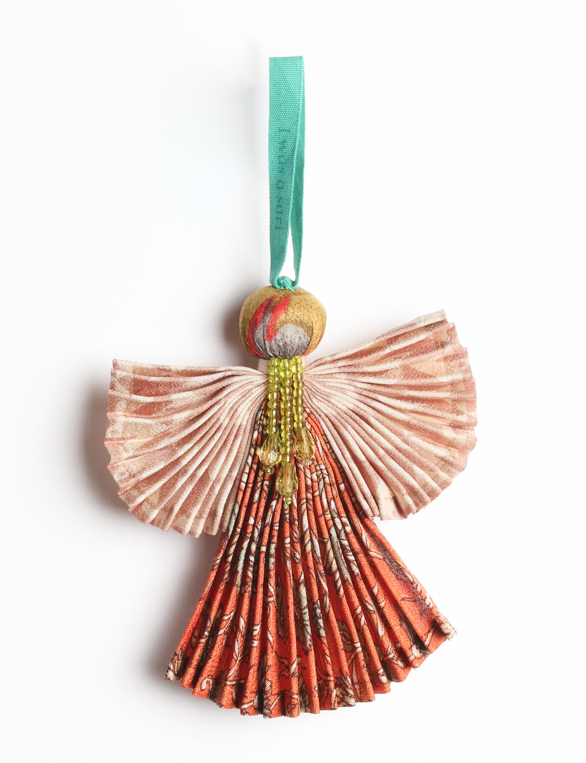 Angel Christmas Ornament made from upcycled saris, featuring pleated arms and body. A sustainable, eco-friendly holiday decoration, embodying recycled fashion and upcycling in festive style.