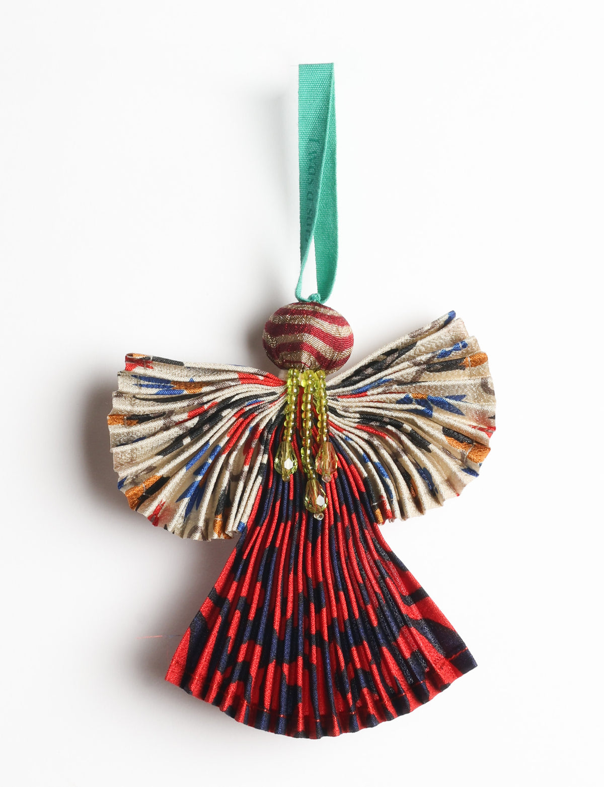 Angel Christmas Ornament made from upcycled saris, featuring pleated arms and body. A sustainable, eco-friendly holiday decoration, embodying recycled fashion and upcycling in festive style.