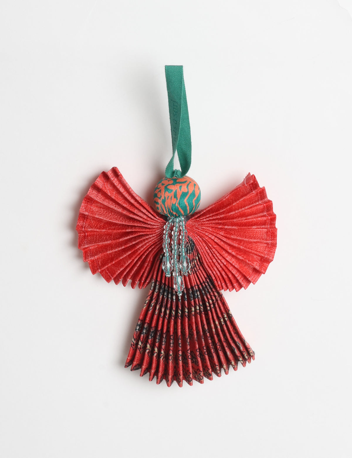Angel Christmas Ornament made from upcycled saris, featuring pleated arms and body. A sustainable, eco-friendly holiday decoration, embodying recycled fashion and upcycling in festive style.