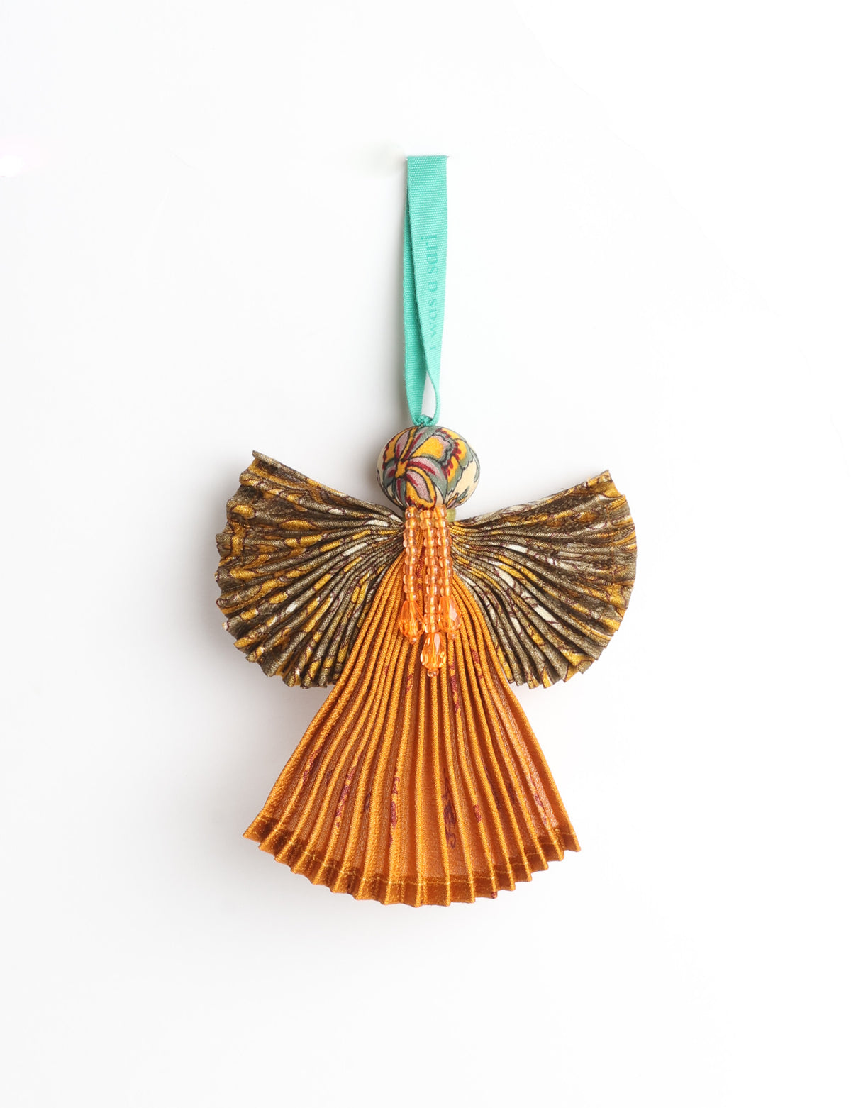 Angel Christmas Ornament made from upcycled saris, featuring pleated arms and body. A sustainable, eco-friendly holiday decoration, embodying recycled fashion and upcycling in festive style.