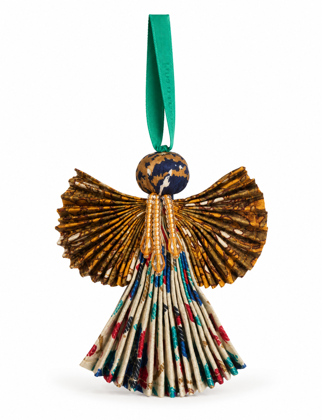 Angel Christmas Ornament made from upcycled saris, featuring pleated arms and body. A sustainable, eco-friendly holiday decoration, embodying recycled fashion and upcycling in festive style.