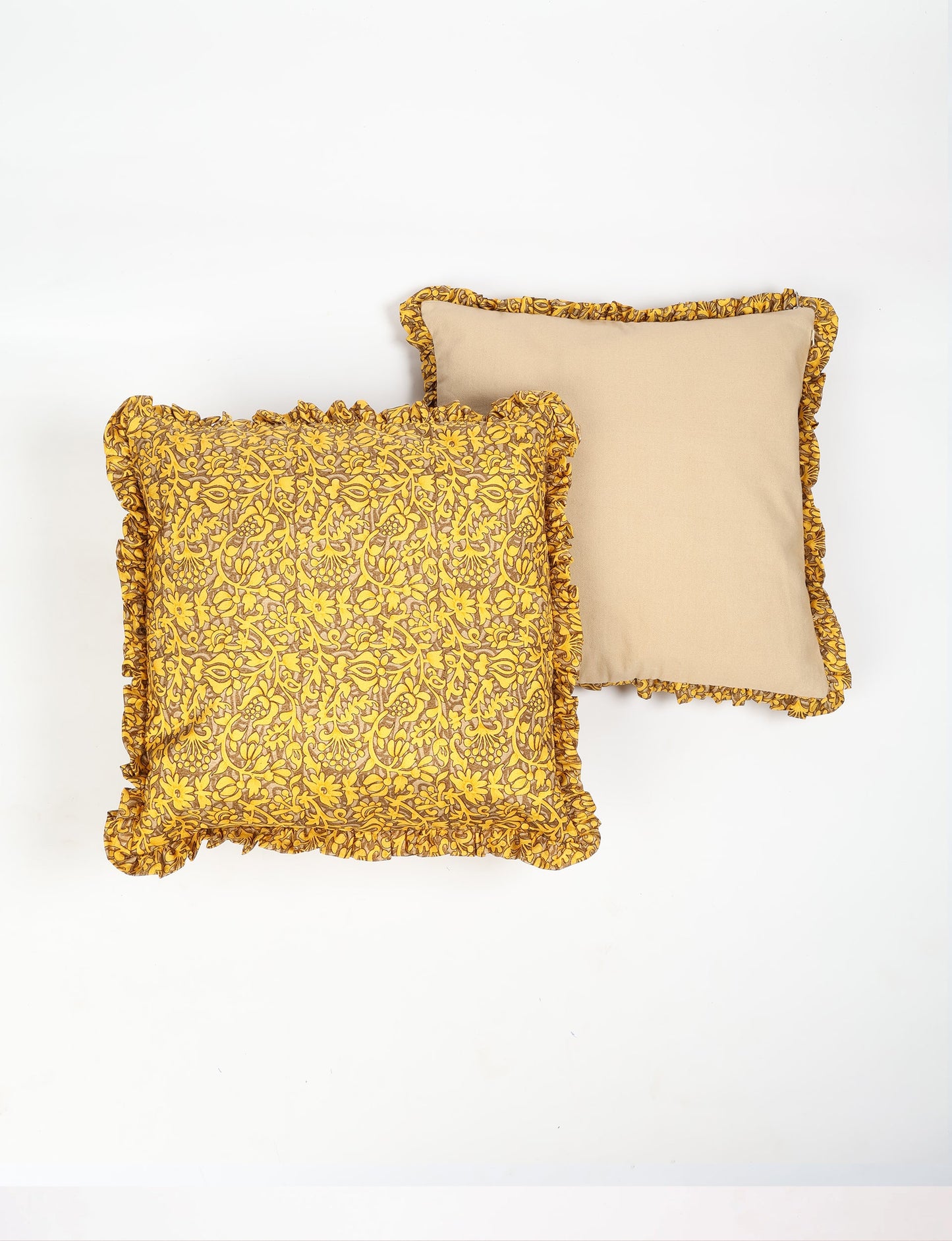 Single Frill Cushion Cover Set of 2 featuring a durable beige canvas on one side and vibrant upcycled sari fabric on the other, accented with charming frills made from the same sari fabric. Perfect for those embracing upcycled women's clothing, circular fashion, and environment-friendly textiles in home decor.