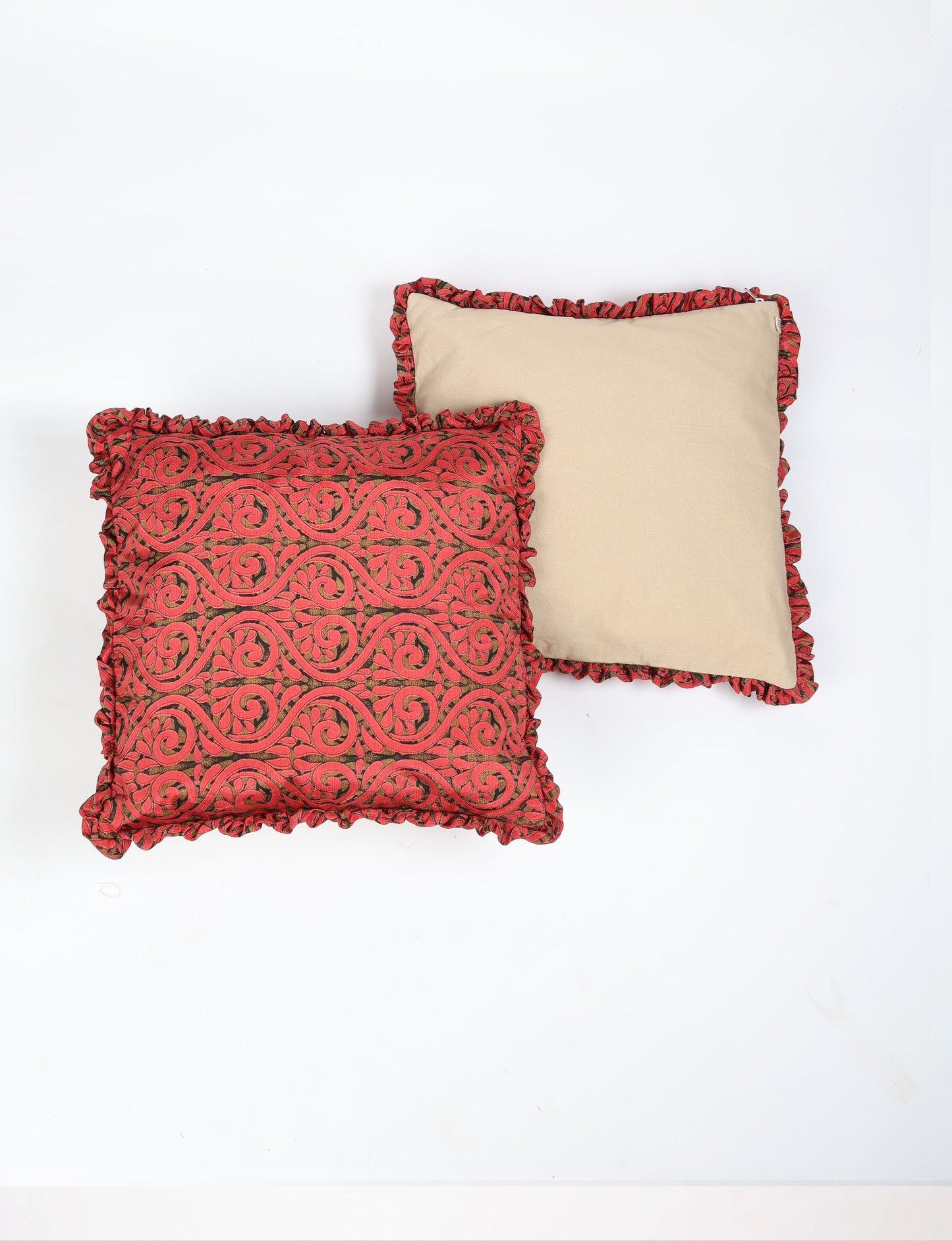 Single Frill Cushion Cover Set of 2 featuring a durable beige canvas on one side and vibrant upcycled sari fabric on the other, accented with charming frills made from the same sari fabric. Perfect for those embracing upcycled women's clothing, circular fashion, and environment-friendly textiles in home decor.