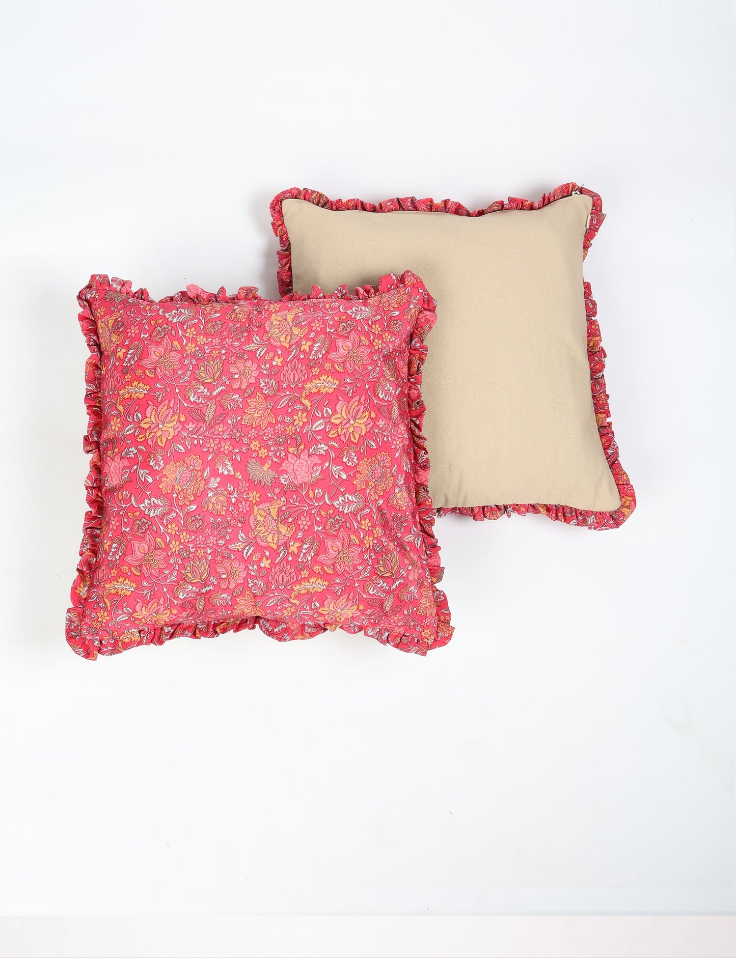 Single Frill Cushion Cover Set of 2 featuring a durable beige canvas on one side and vibrant upcycled sari fabric on the other, accented with charming frills made from the same sari fabric. Perfect for those embracing upcycled women's clothing, circular fashion, and environment-friendly textiles in home decor.