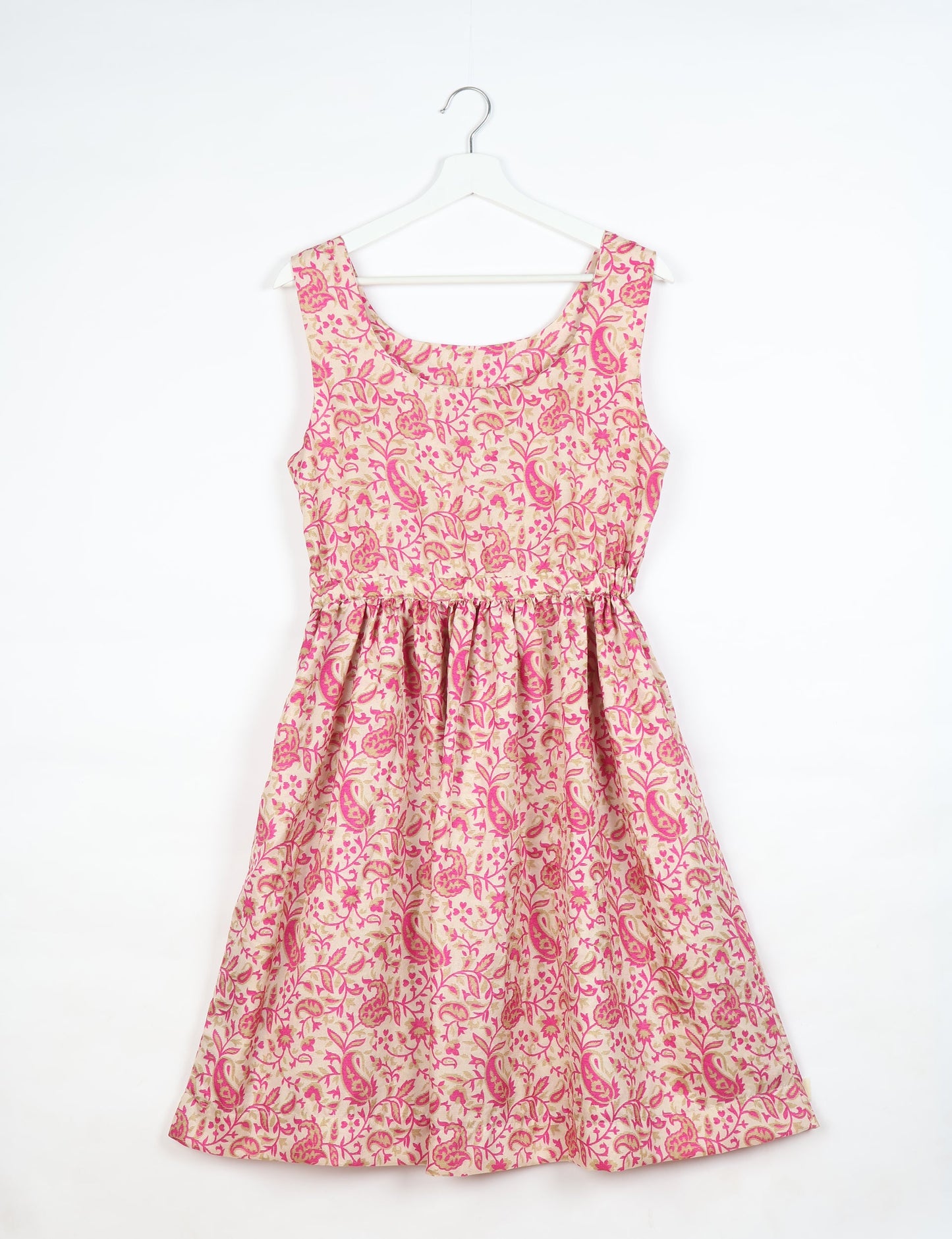 Upcycled women’s fit and flare dress made from recycled sari products, showcasing environment friendly clothing and green fashion design — an eco clothing choice for conscious clothing lovers and sustainable women’s fashion enthusiasts.