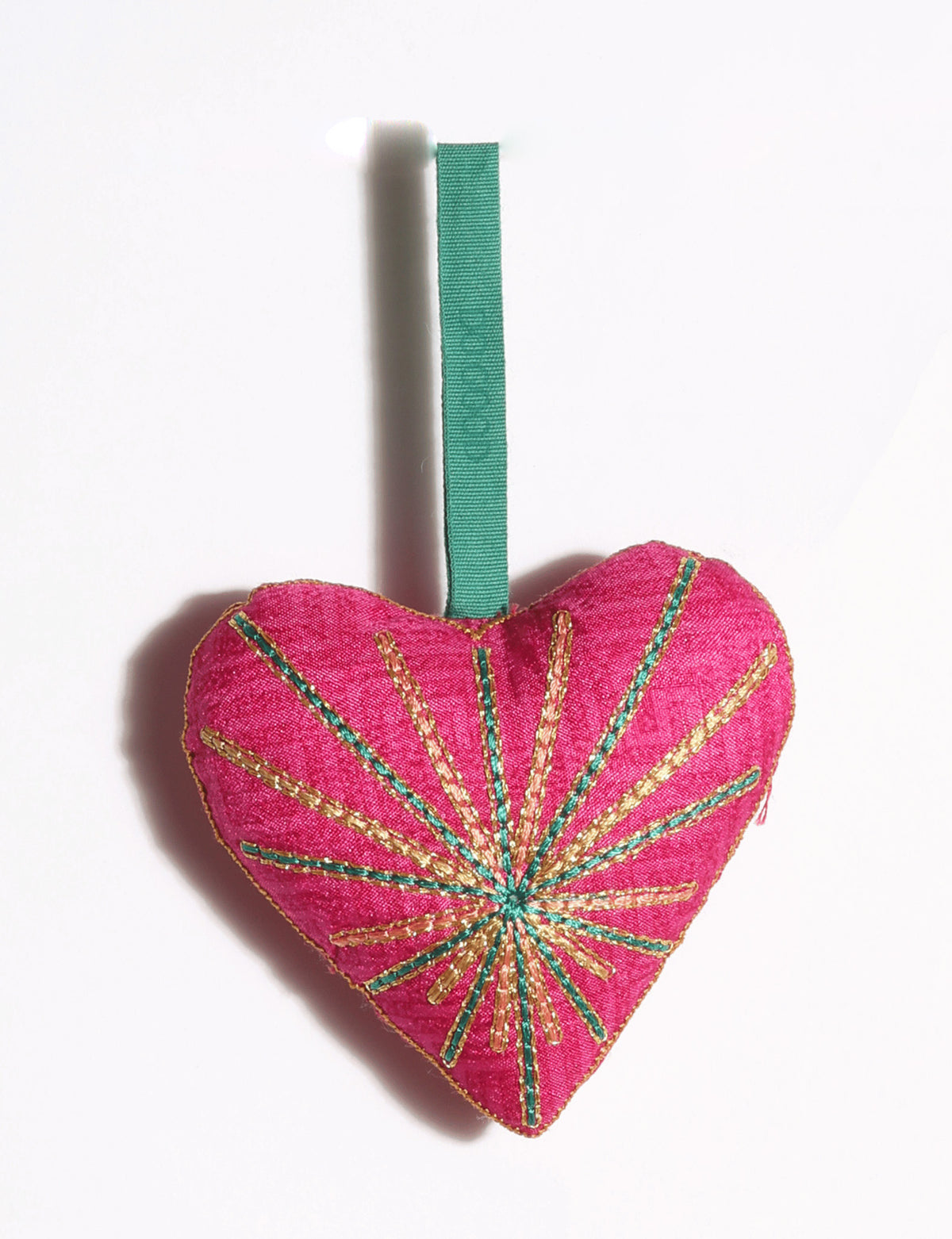 Timeless Heart Ornament / DO GOOD handcrafted from upcycled sari fabric, featuring silk and metallic gold thread embroidery with a hanging loop.