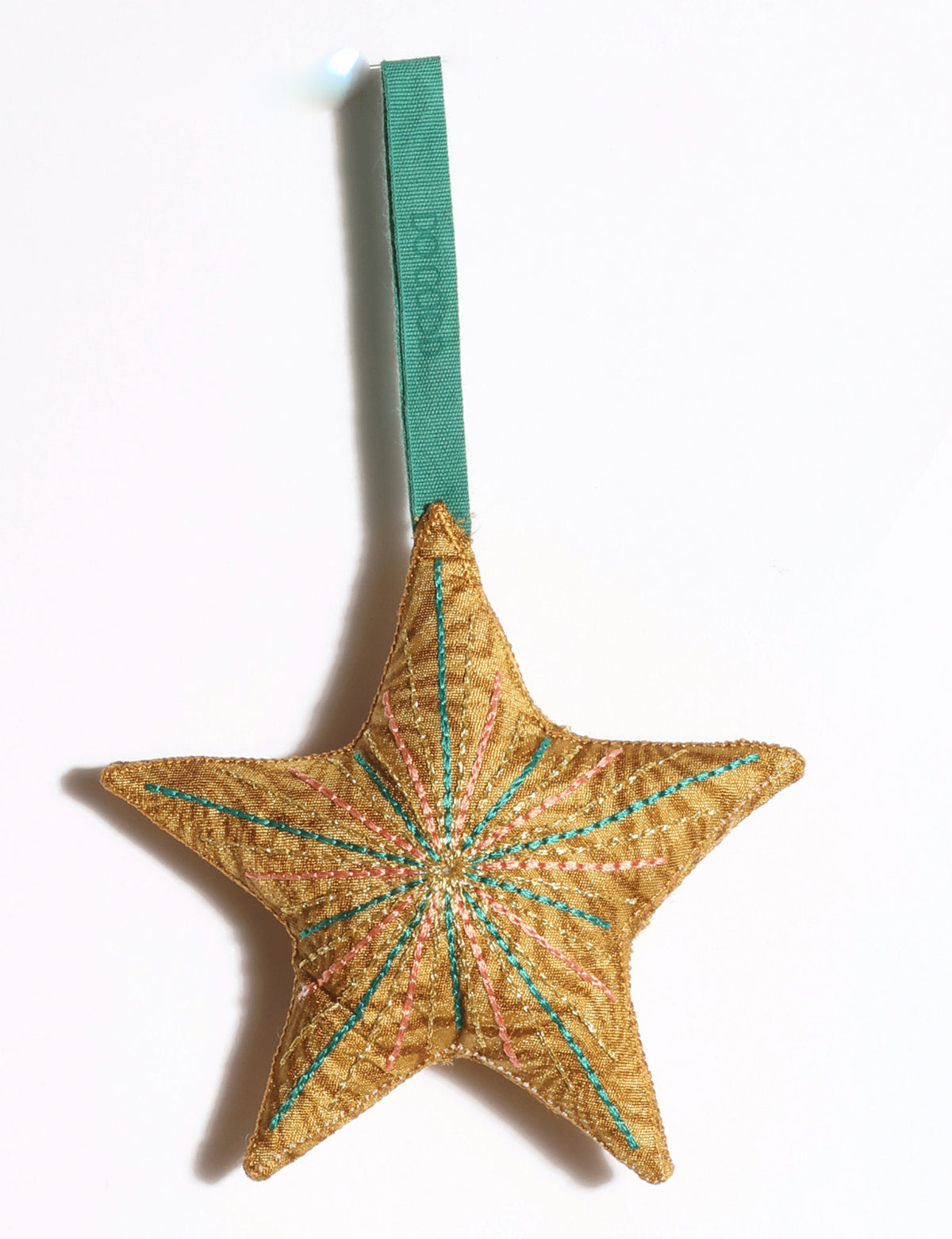 Handmade star ornament made from preloved saris with vibrant silk and gold thread embroidery and DO GOOD detailing.