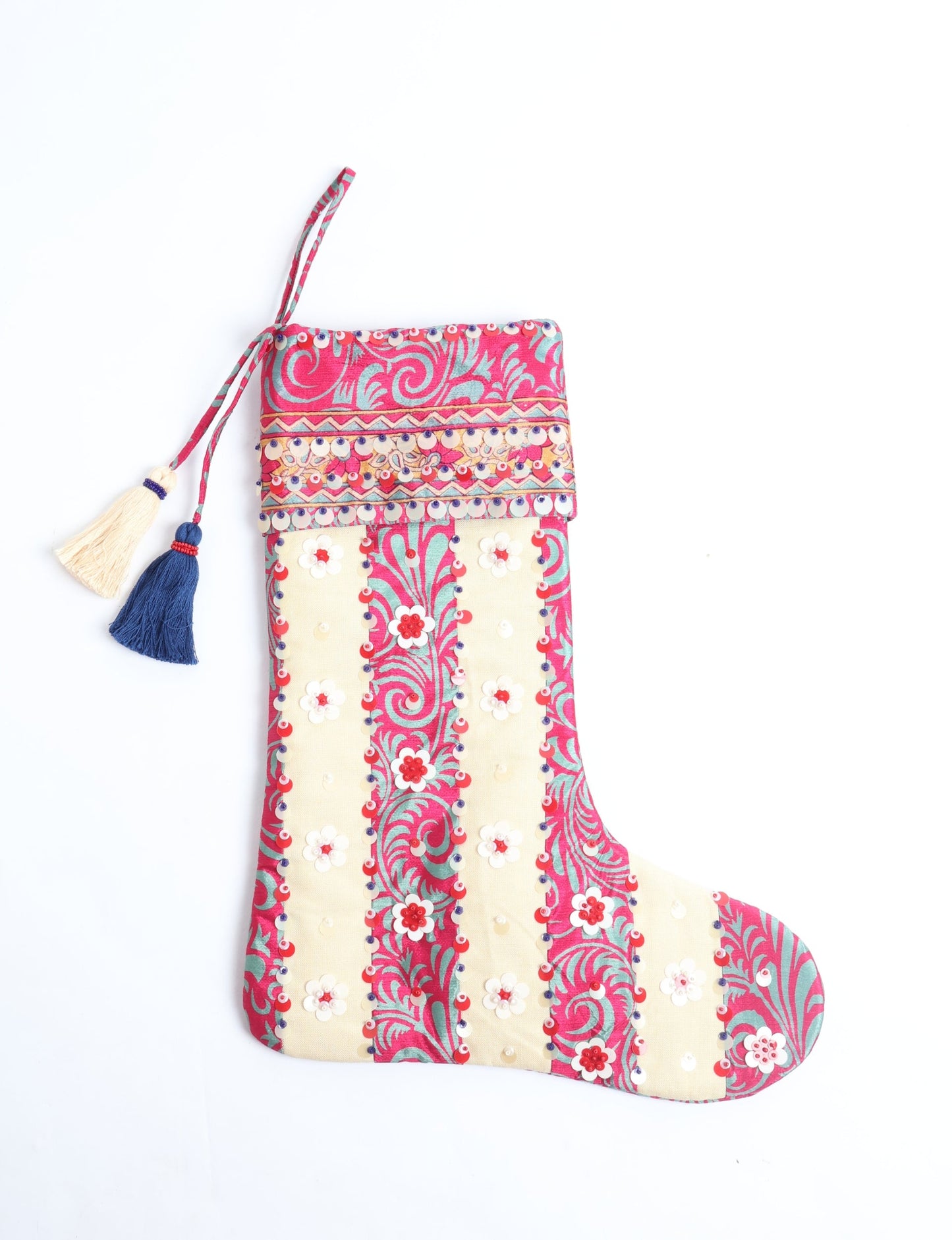 Upcycled sari Christmas stocking with floral beadwork, showcasing ethical fashion, recycled material clothing, fair trade fashion craftsmanship, and environment friendly clothing design.
