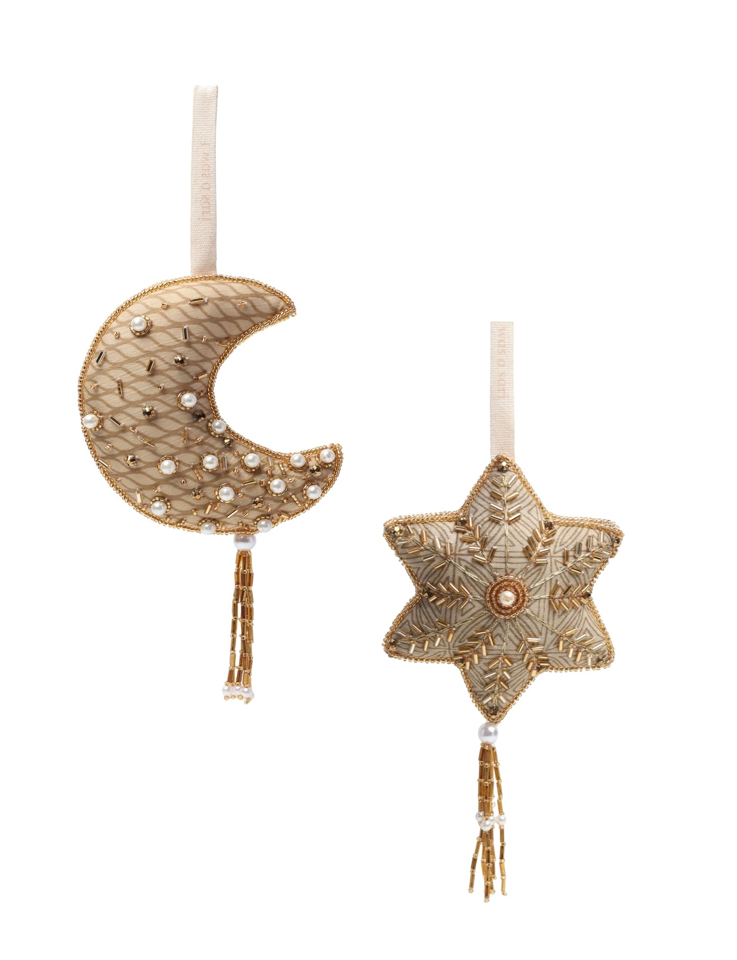 Set of two gold Christmas ornaments — Crescent Moon and Snowflake — made from recycled sari fabric and organic cotton filling, featuring intricate pearl, sequin, and bead embroidery. A conscious clothing-inspired design that embodies upcycling fashion, fair trade fashion, and earth-friendly craftsmanship.