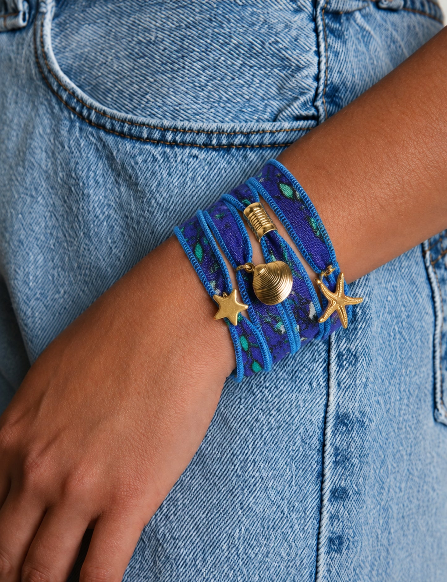 Wrap around bracelet with stainless steel 18K gold-plated charms, adjustable layered bracelet for everyday wear.