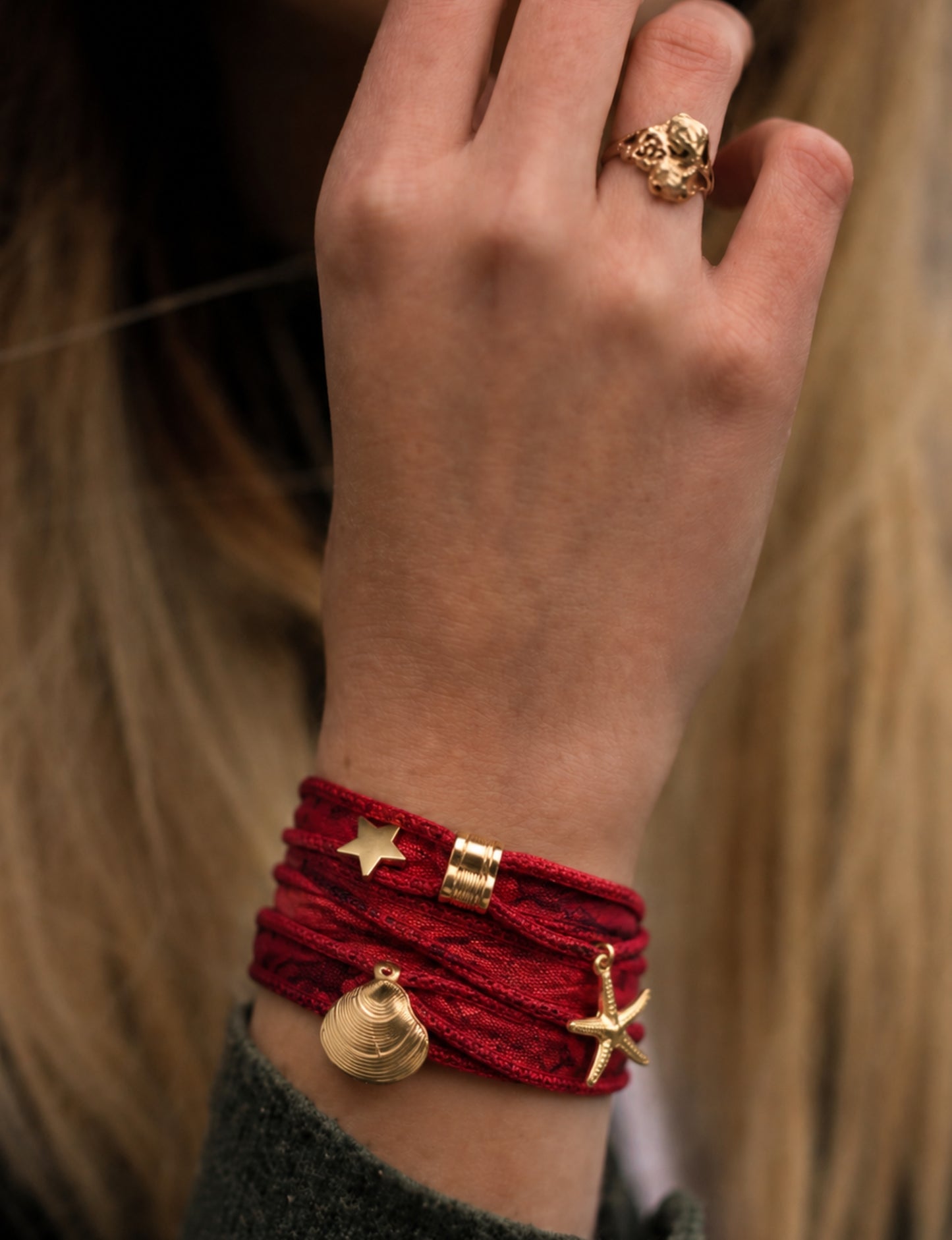 Wrap around bracelet with stainless steel 18K gold-plated charms, adjustable layered bracelet for everyday wear.