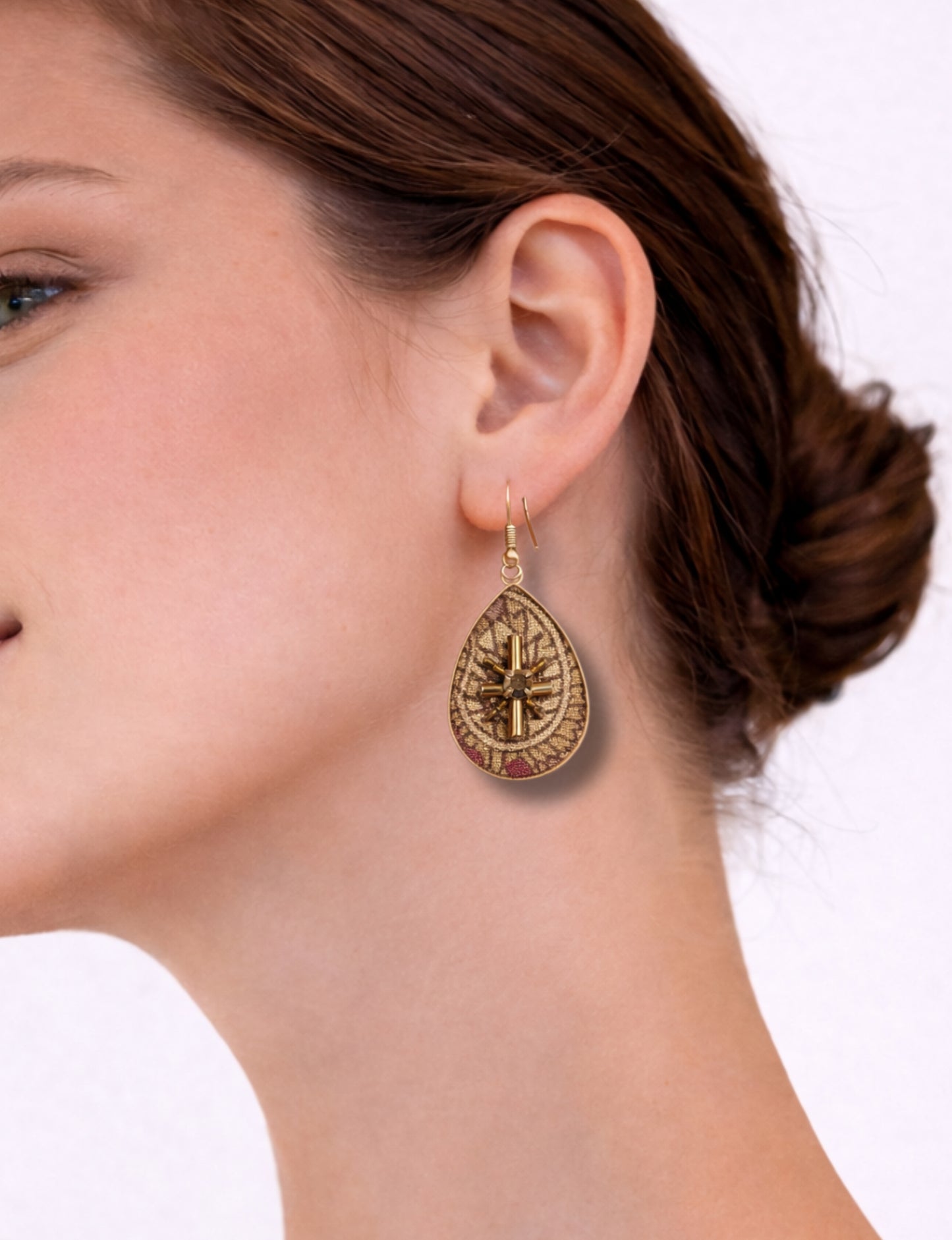 Teardrop embroidery drop earrings inspired by upcycled women’s clothing, sustainable women’s clothing, eco friendly clothes, recycled sustainable fashion, carbon neutral fashion, and environment friendly clothing principles.