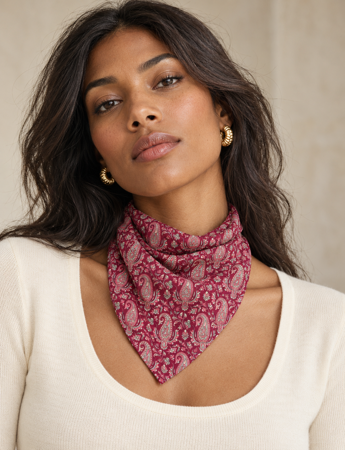 Upcycled sari neck scarf with soft drape and delicate pin hem finishing.