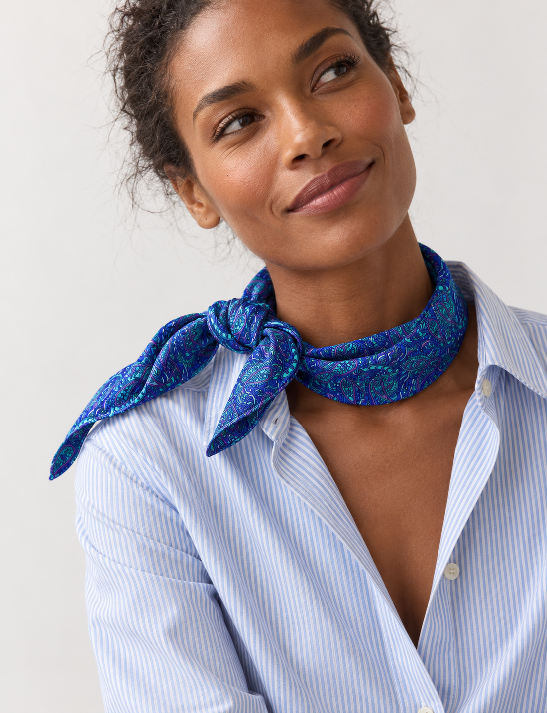 Upcycled sari neck scarf with soft drape and delicate pin hem finishing.