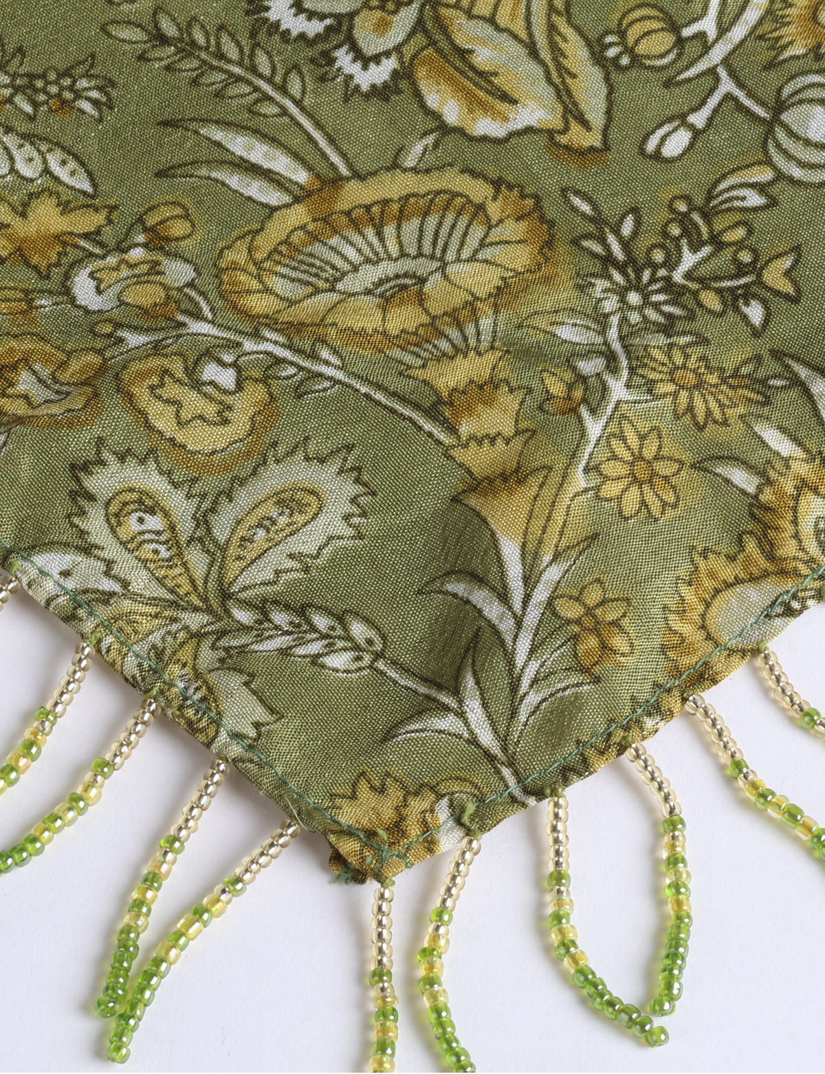 Square lightweight neck scarf with delicate beaded fringes along the edges and neatly stitched finishing, designed for versatile styling.