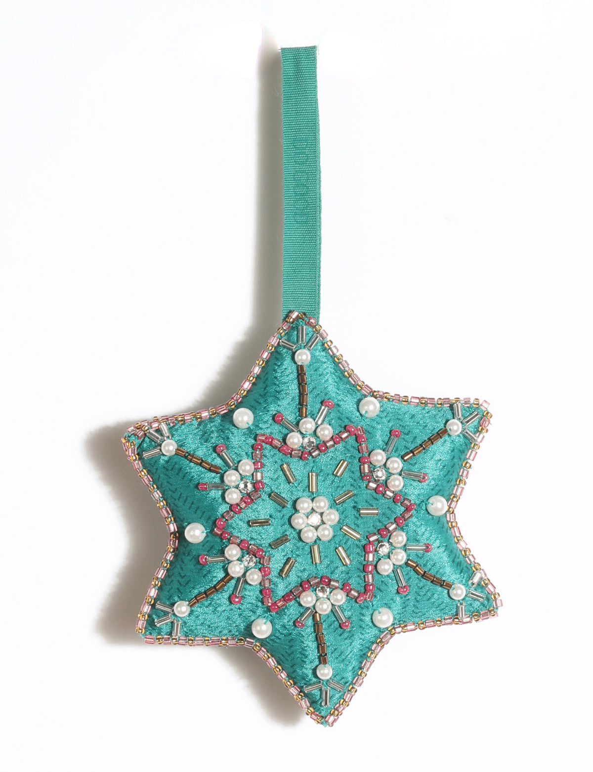 Cheer snowflake Christmas ornament made from vibrant upcycled saris with Aari embroidery and decorative beads