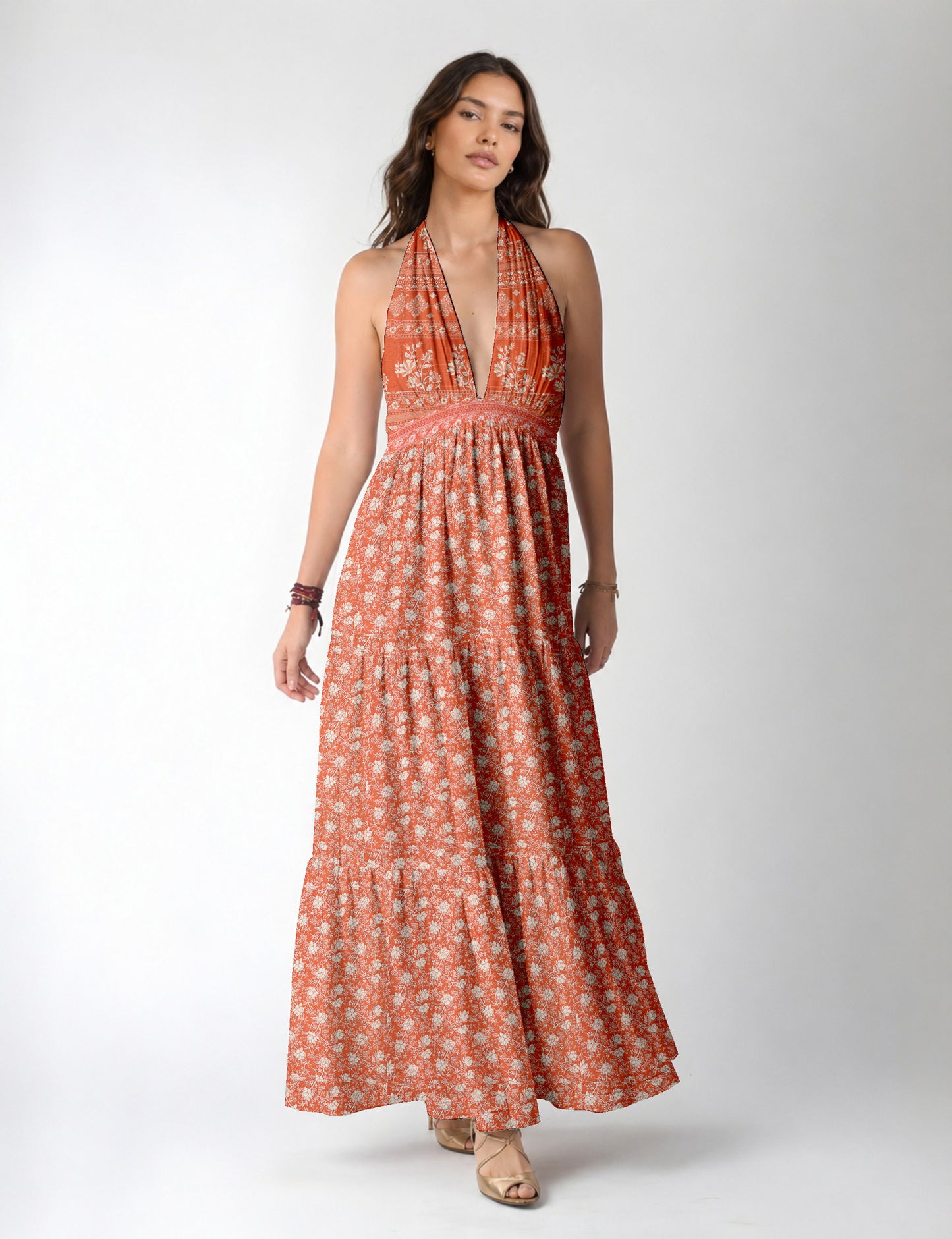 Halter neck maxi dress with tiered layers and elasticated back