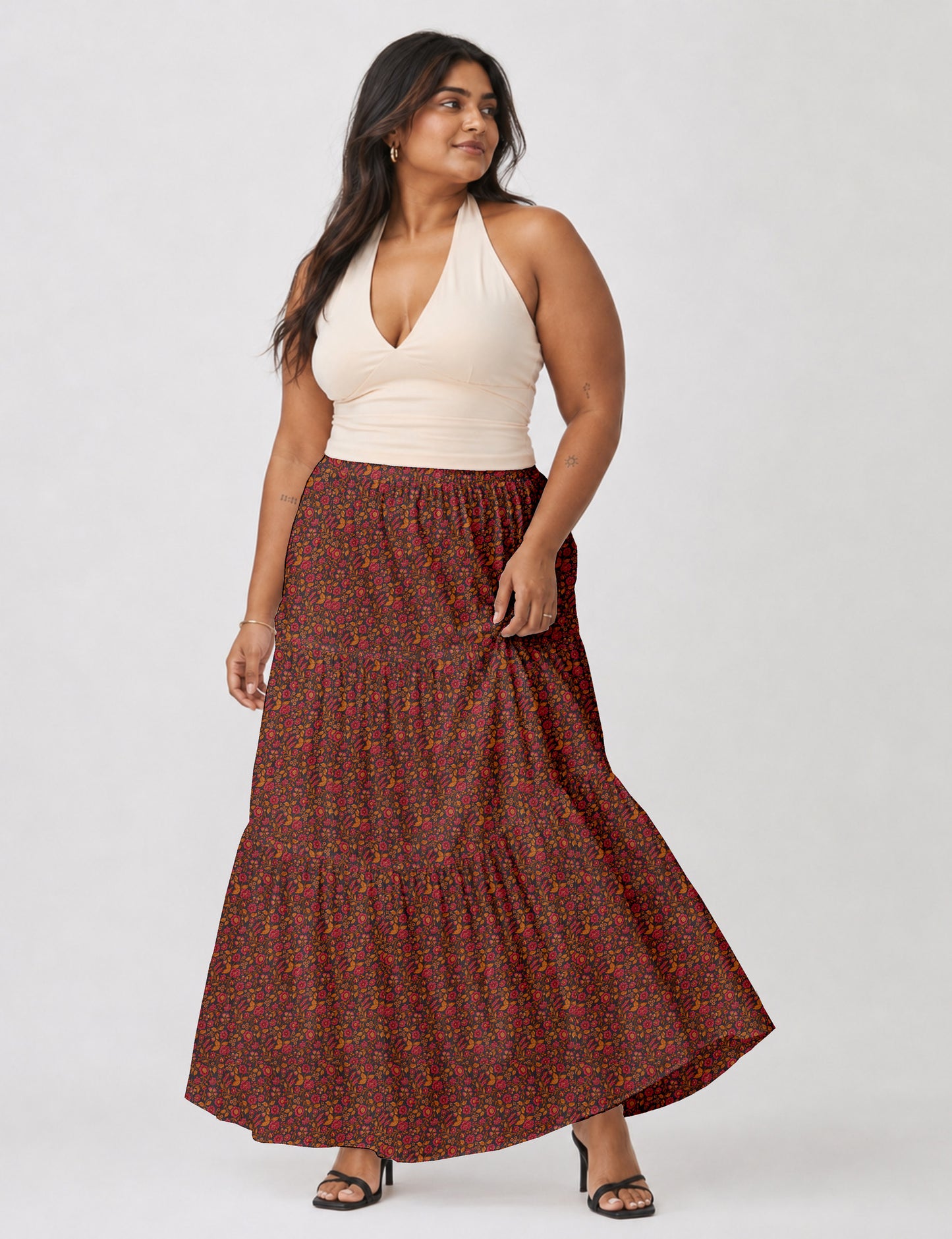 Midi Tiered Skirt - Orange Floral