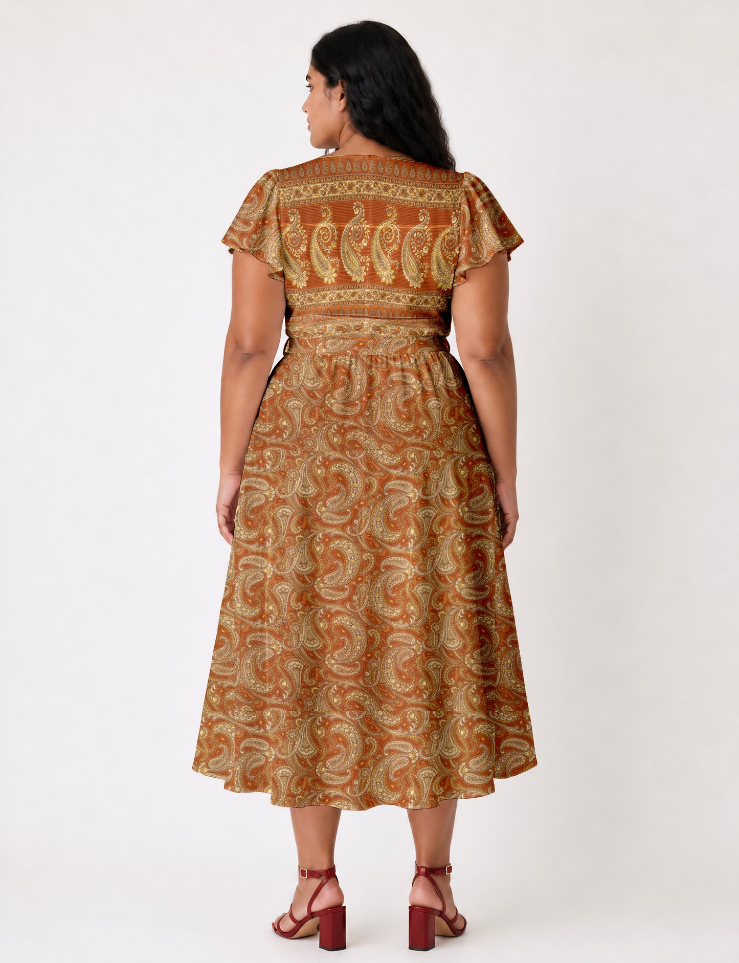 Midi wrap dress with V-neckline, fitted bodice, tie waist, and flared mid-calf skirt