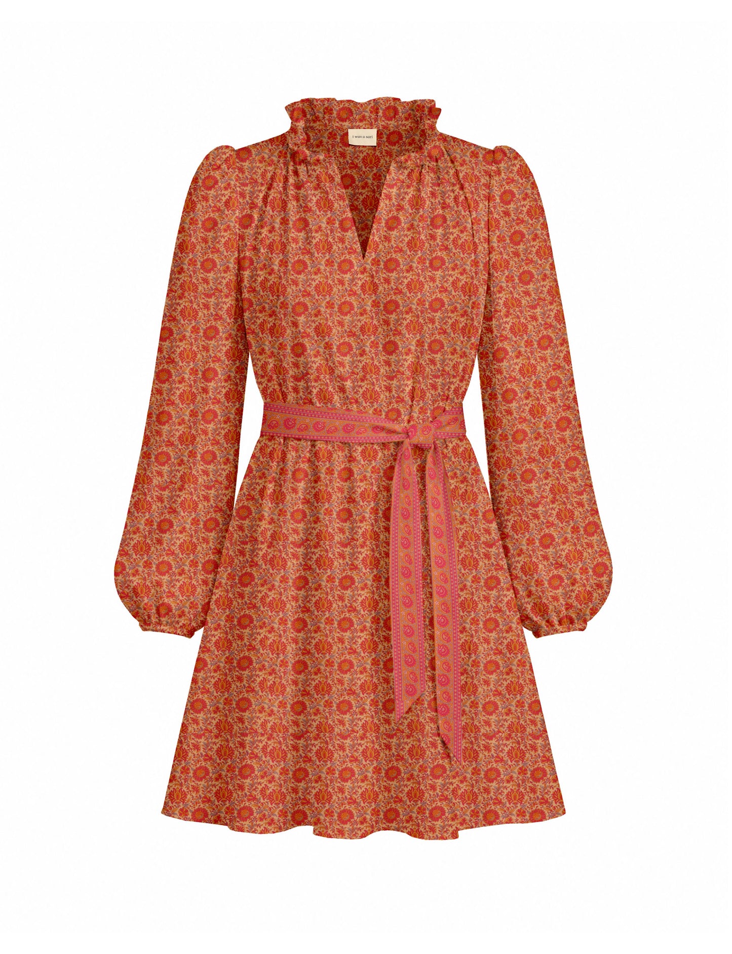 Swing dress with detachable tie belt, gathered ruffle neckline, full-length voluminous sleeves, elastic cuffs, and relaxed A-line silhouette in an above-knee length.
