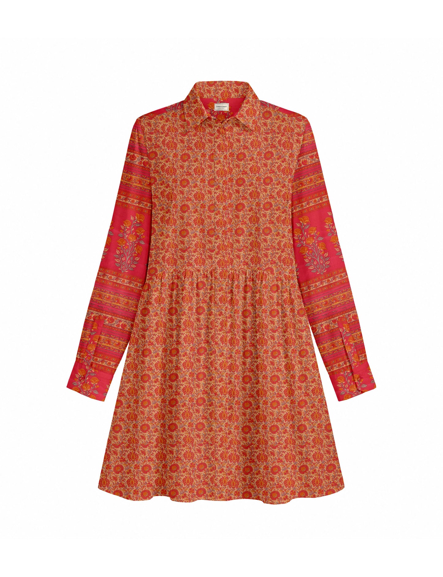 Short shirt dress with a relaxed A-line silhouette, point collar, partial button placket, gathered waist, side pockets, and full-length cuffed sleeves.