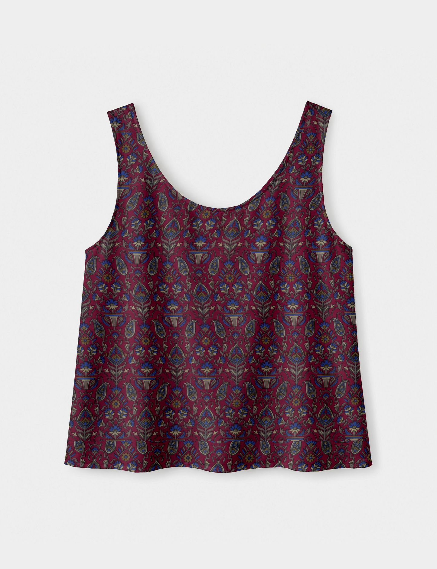 Women's sleeveless blouse with a relaxed straight fit, wide scoop neckline, deep scoop back, and hip-length silhouette.