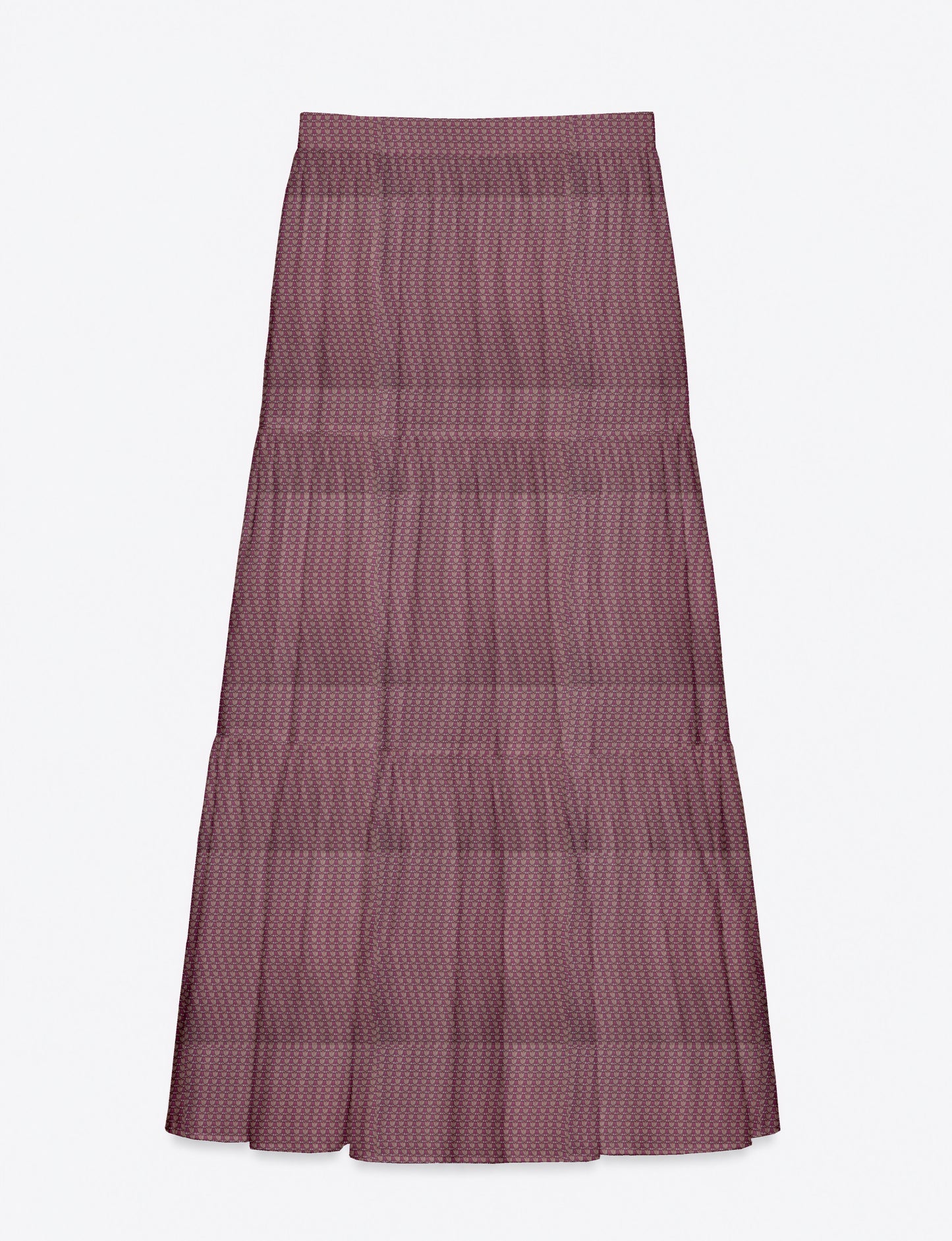 Yellow midi tiered skirt with small dark geometric micro pattern, flat lay front view