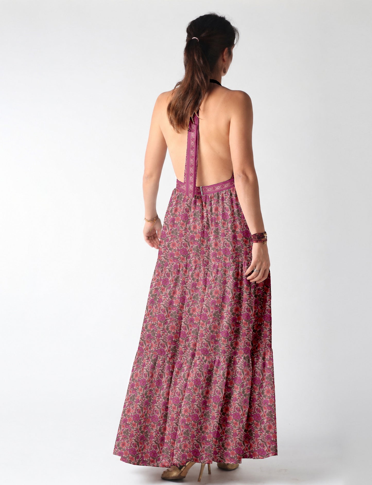 Halter neck maxi dress with tiered layers and elasticated back