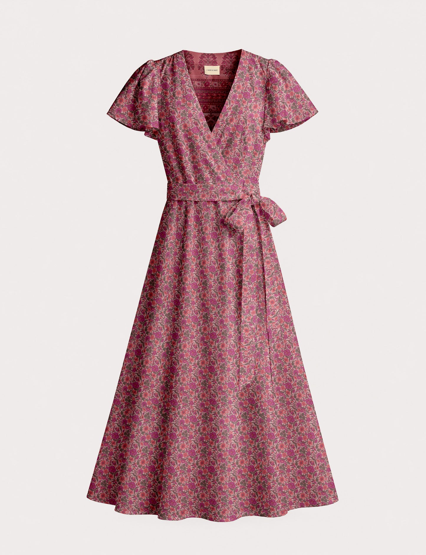 Elegant midi wrap dress with a V-neckline, adjustable waist tie, fitted bodice, and flared skirt for a timeless, flattering silhouette.