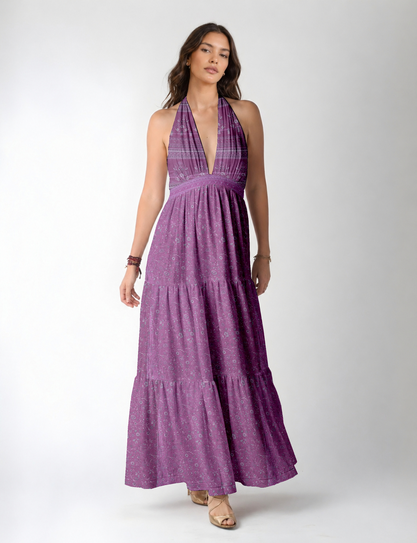 Halter neck maxi dress with tiered layers and elasticated back