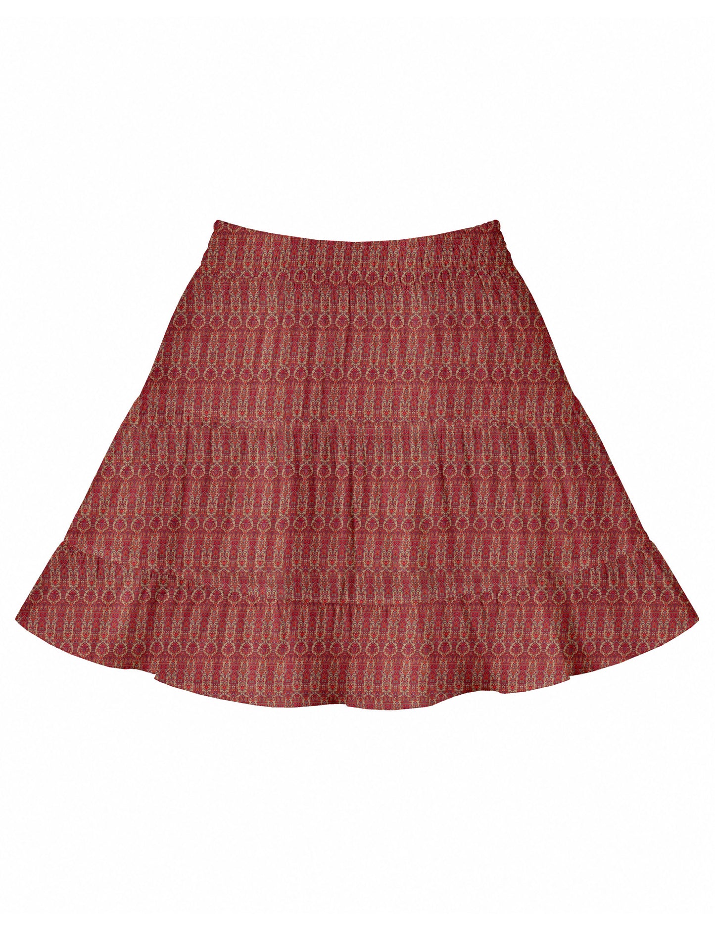 Short tiered skirt with a fitted waistband, knife pleats, softly flared silhouette, side seam pockets, and above-the-knee length.