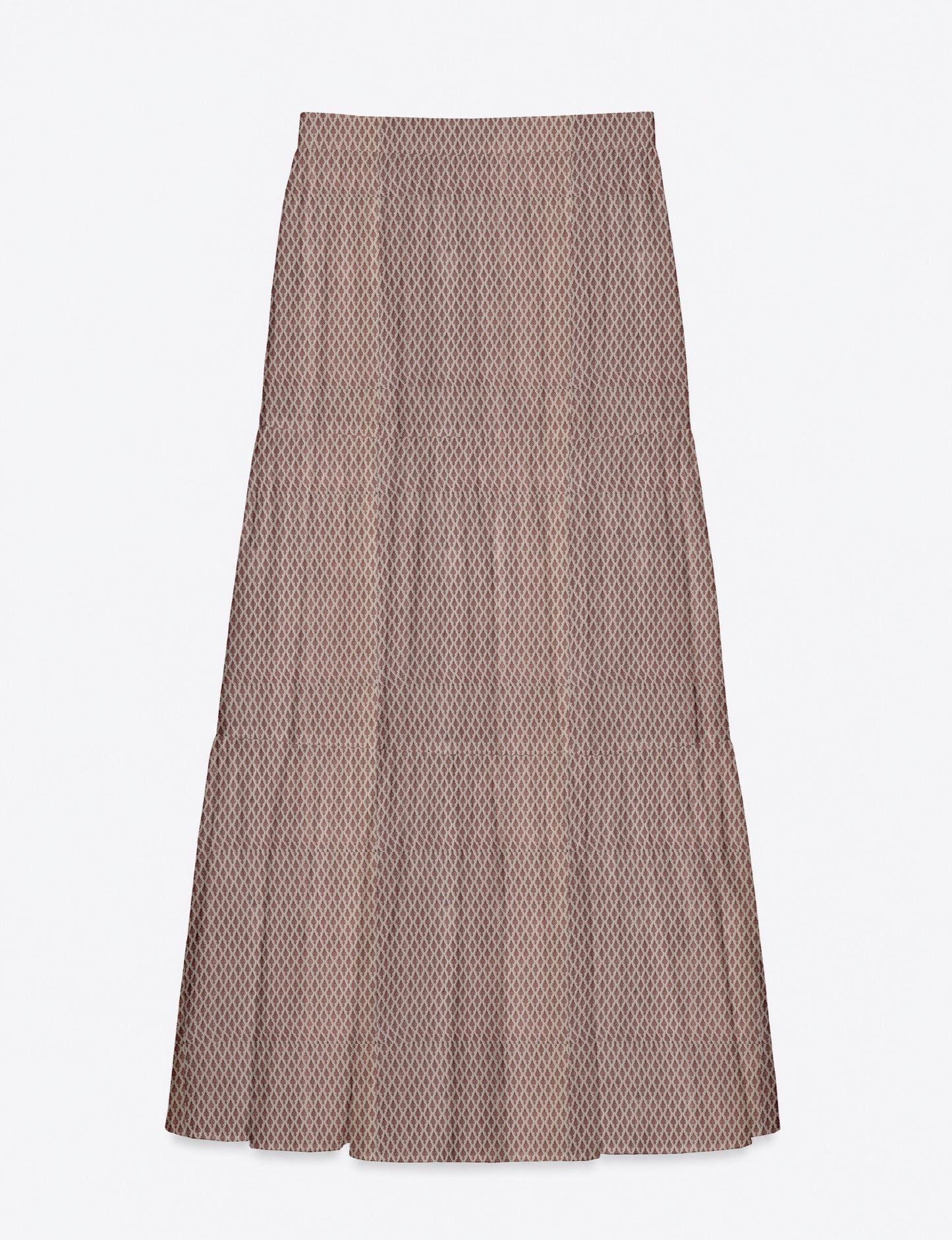 Yellow midi tiered skirt with small dark geometric micro pattern, flat lay front view