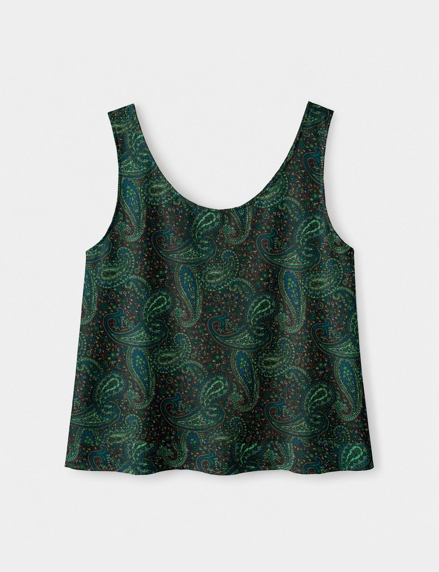 Women's sleeveless blouse with a relaxed straight fit, wide scoop neckline, deep scoop back, and hip-length silhouette.