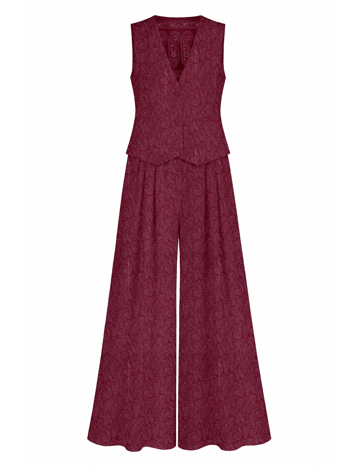 Women's tailored waistcoat set with a sleeveless V-neck button-front waistcoat and high-rise wide leg trousers in a coordinated matching outfit.