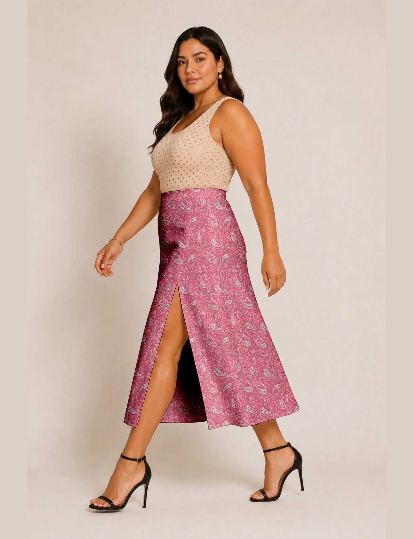 A line skirt with slit - Pink Paisley