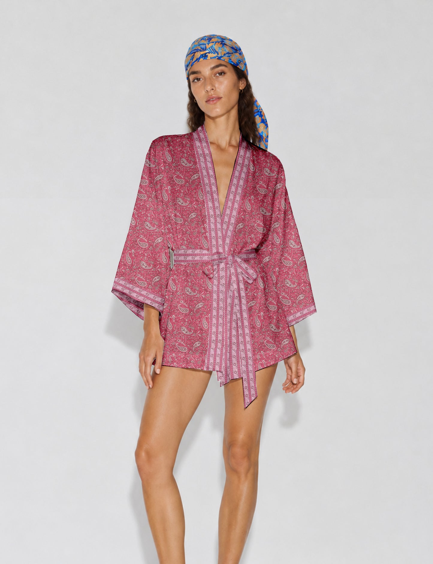 Short kimono robe - Pink Paisley