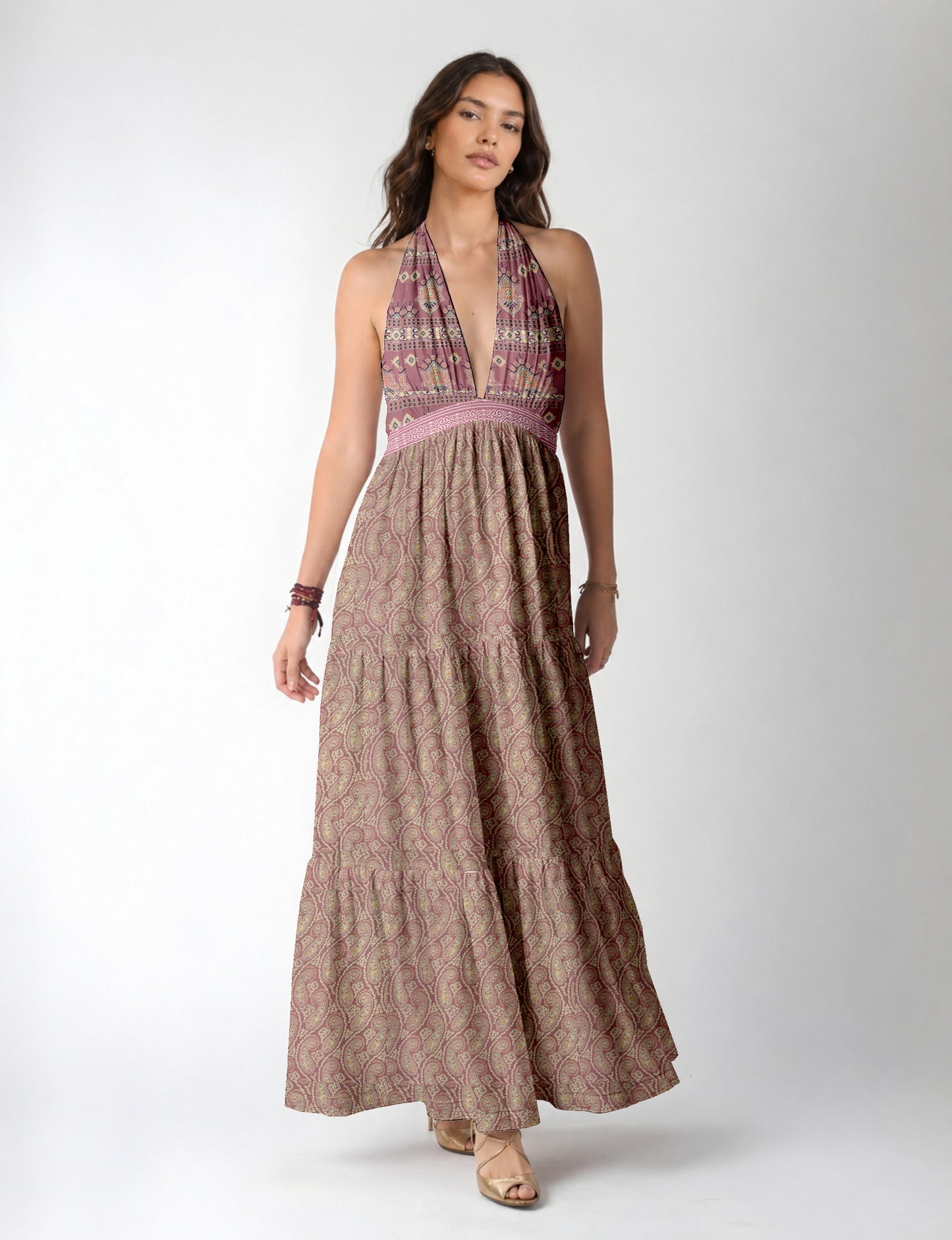 Halter neck maxi dress with tiered layers and elasticated back