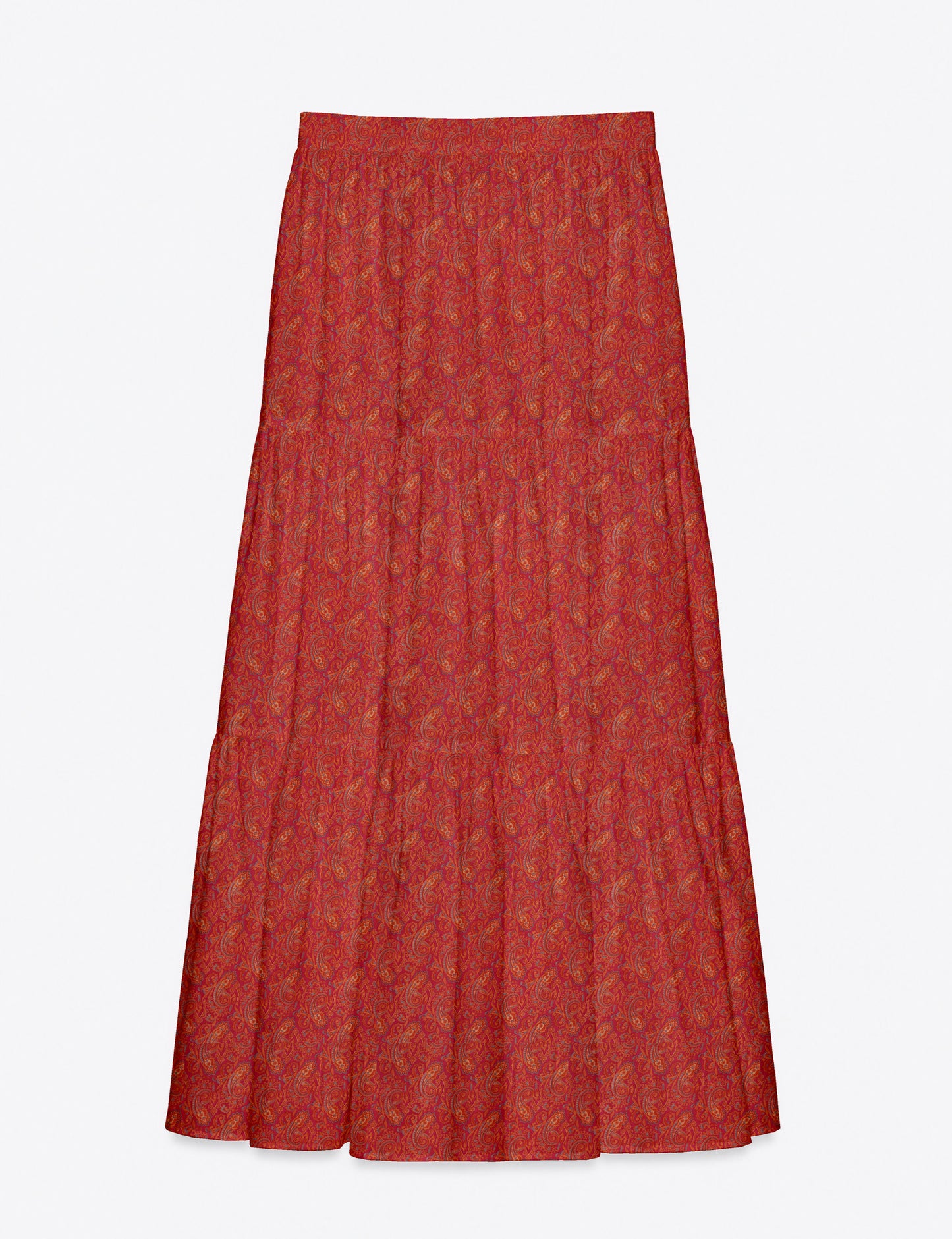 Yellow midi tiered skirt with small dark geometric micro pattern, flat lay front view