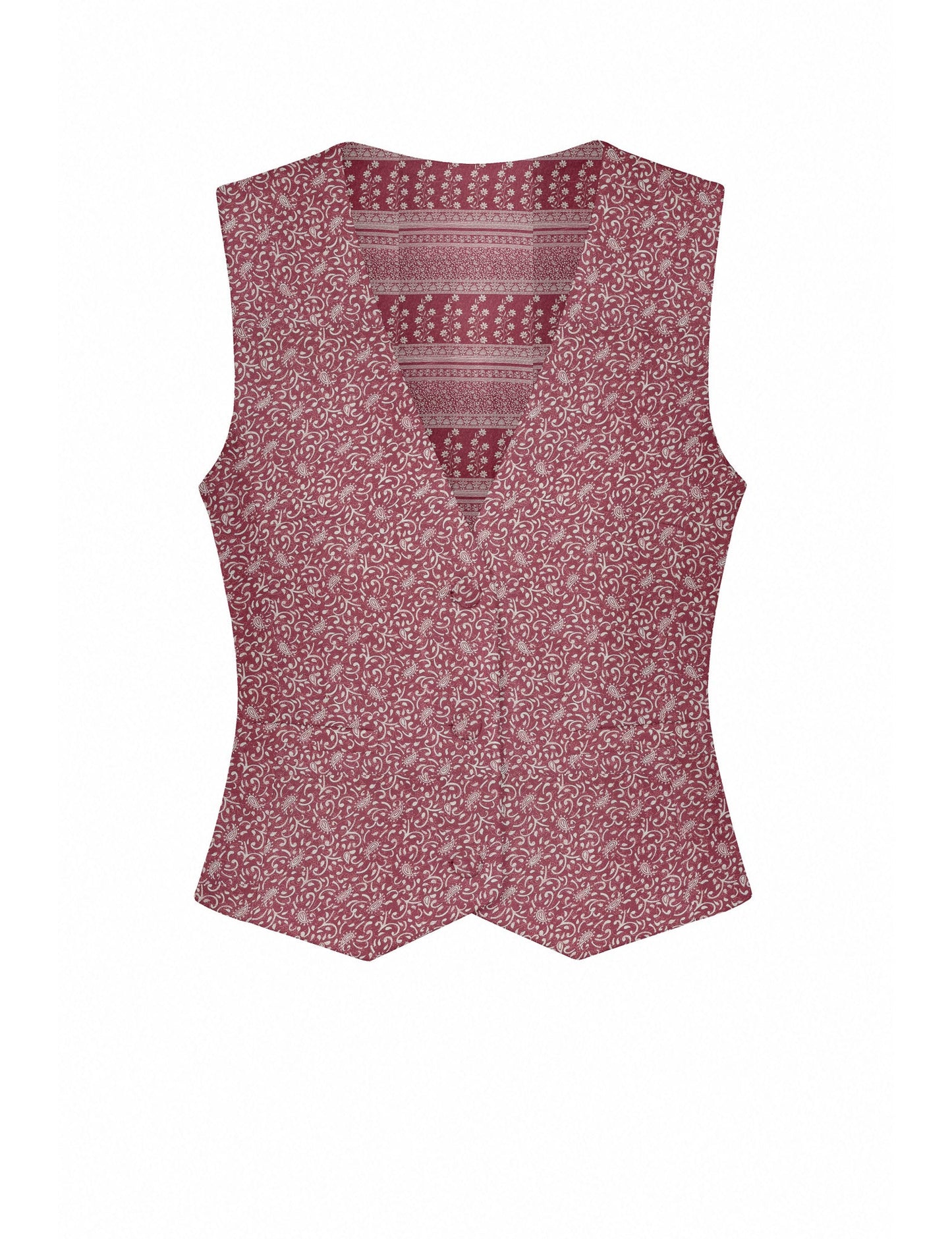 Women's fitted waistcoat with V-neck, single-breasted button closure, tailored silhouette, and pointed hem in sustainable fashion.