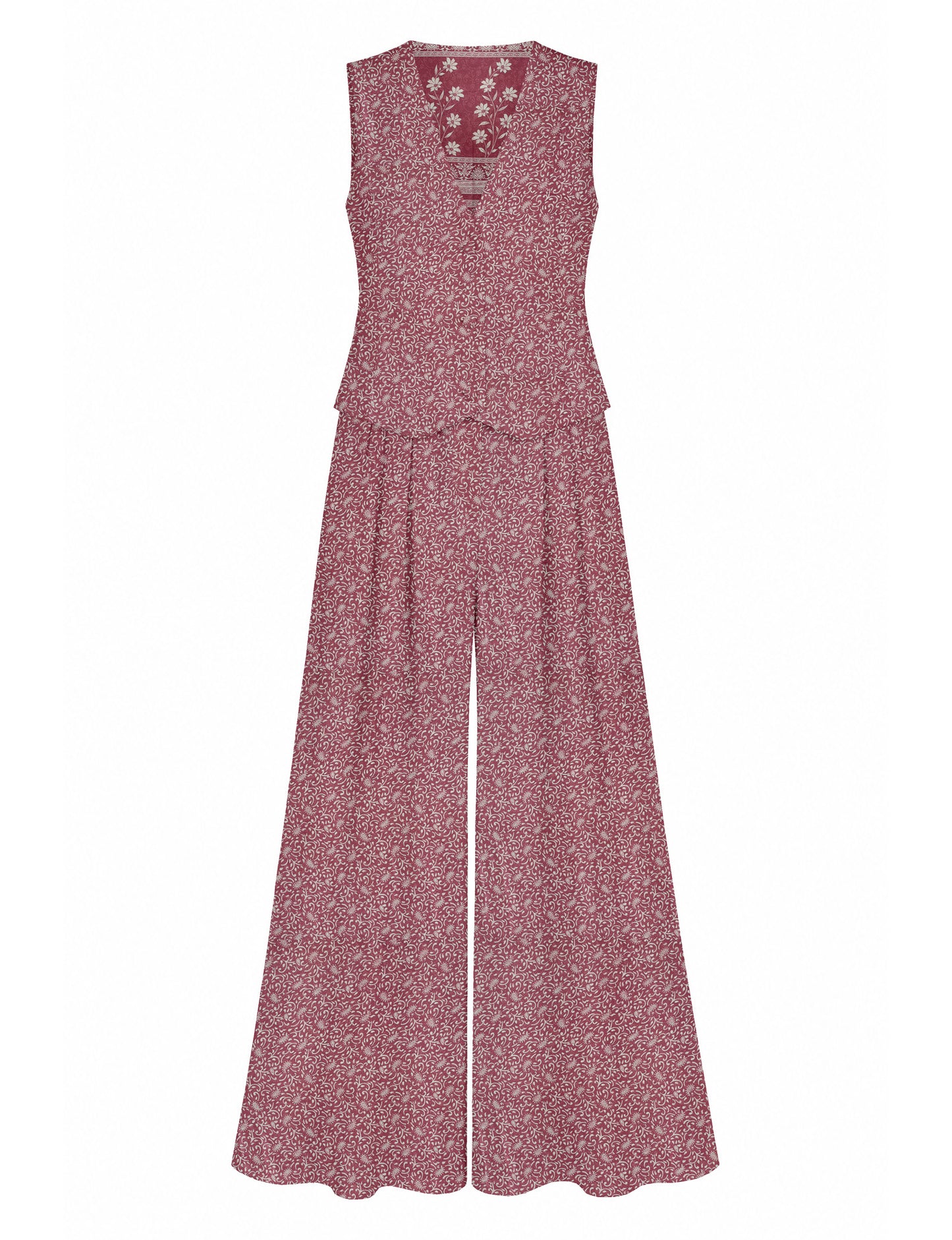 Women's tailored waistcoat set with a sleeveless V-neck button-front waistcoat and high-rise wide leg trousers in a coordinated matching outfit.