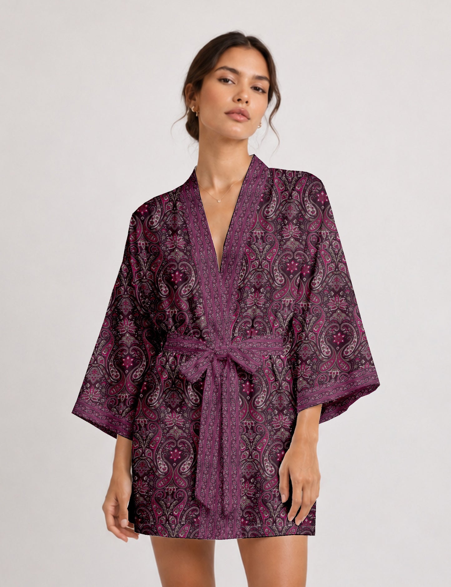 Short kimono robe - Pink Paisley
