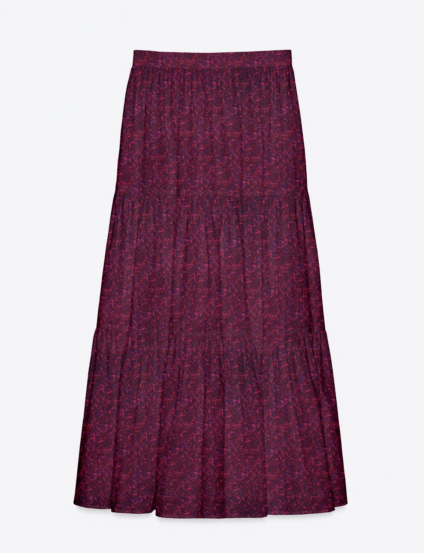Midi tiered skirt with fitted waistband, soft knife pleats, flared silhouette, side seam pockets, and ankle-length hem