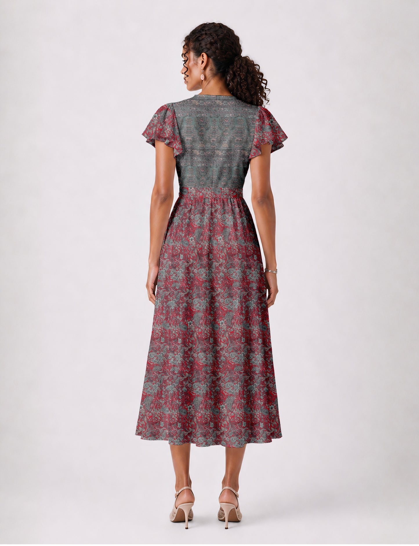 Midi wrap dress with V-neckline, fitted bodice, tie waist, and flared mid-calf skirt