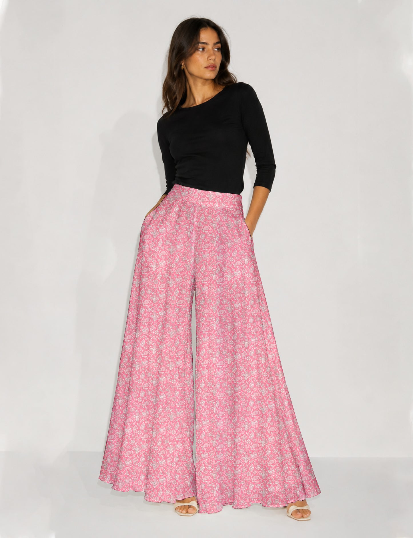 Wide Leg Palazzo Trousers - Pink Tropical